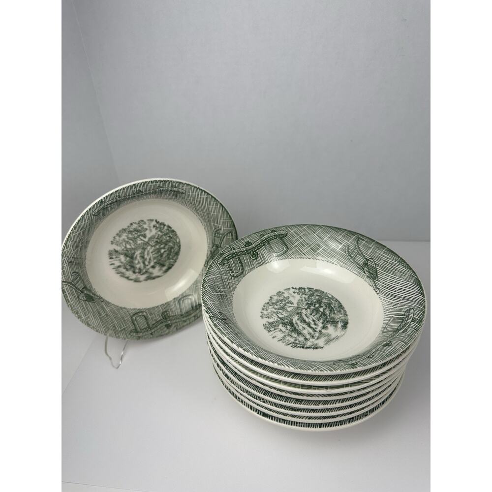 Currier & Ives Green Coup Serving Bowl Plows & Ox Yoke Rim SCIO MCM